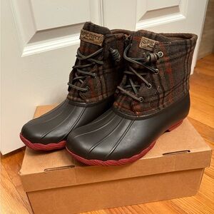 Sperry Brown Plaid Duck Boots with Red Soles
